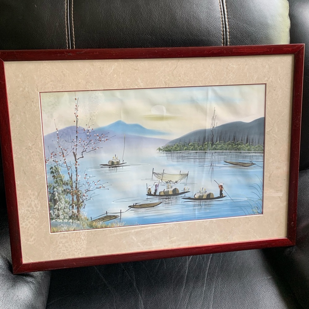 Wall Art: Vietnamese Framed Color Painting on Silk Fabric